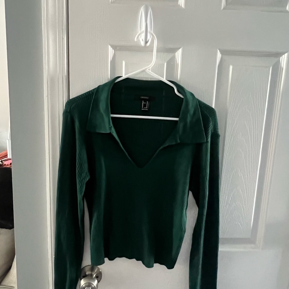 H&M Green Fitted Long Sleeve Polo Blouse